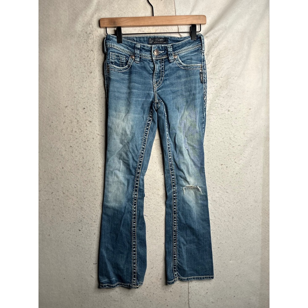 Silver Jeans Co Suki Mid Rise Bootcut Distressed Medium Wash Denim W24 L30